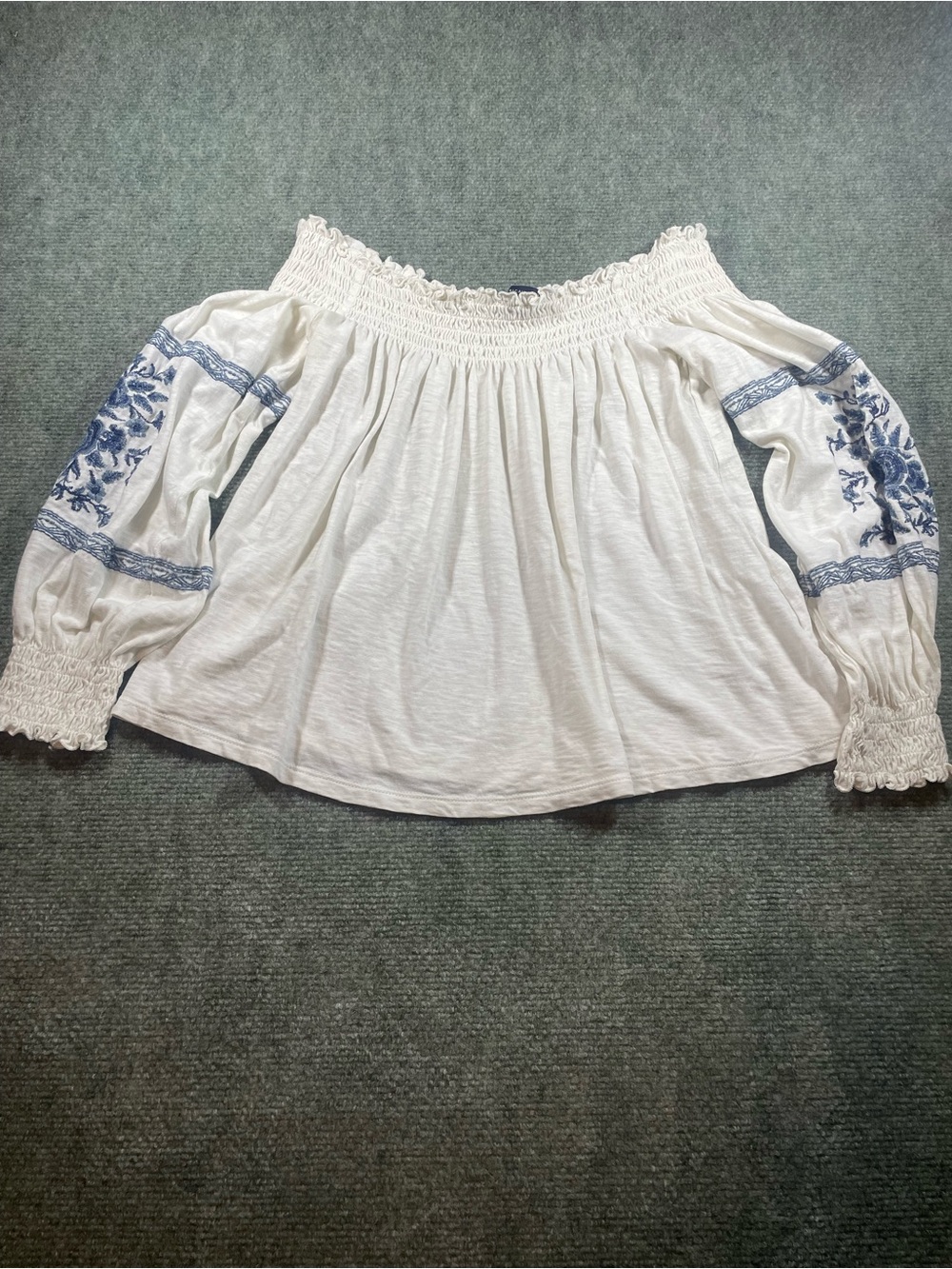 American Eagle Outfitters White Off-Shoulder Boho Blouse with Blue Embroidery
